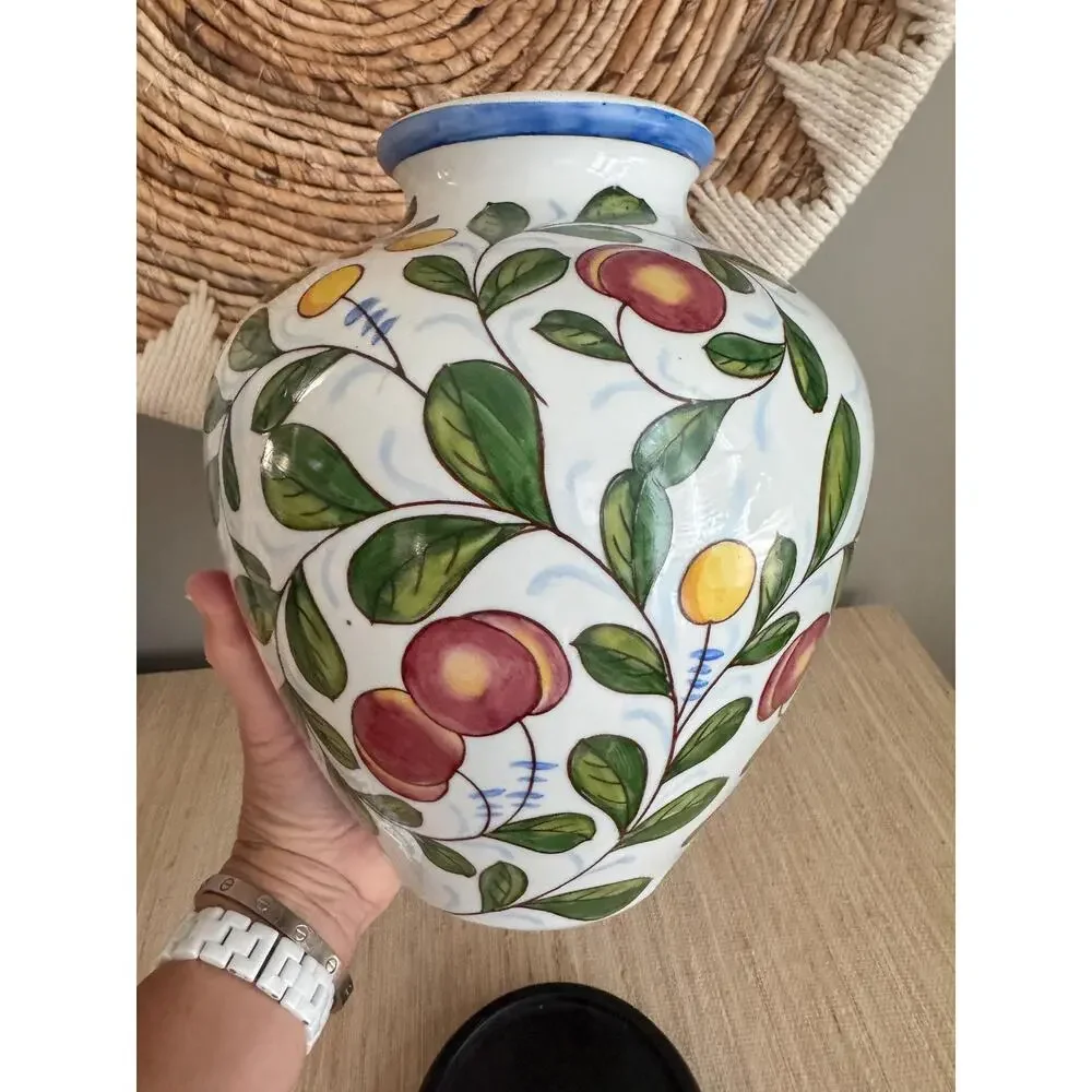 Vintage Italian Hand-Painted Ceramic Fruit Vase with Wood Stand 9